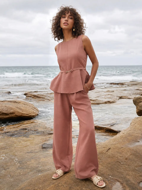 Madame Clay Rayon Tencel Peplum Sleeveless Co-ord Set