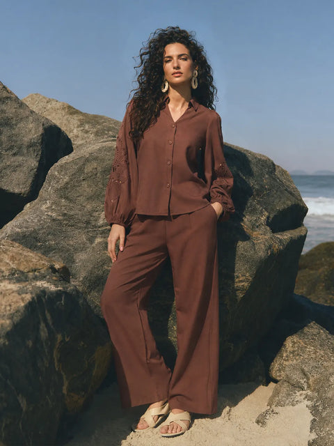 Madame Brown Cotton Rayon V-Neck Bishop Sleeve Co-ord Set