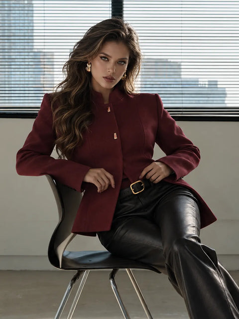 Madame Maroon Mock Neck Full Sleeve Short Coat