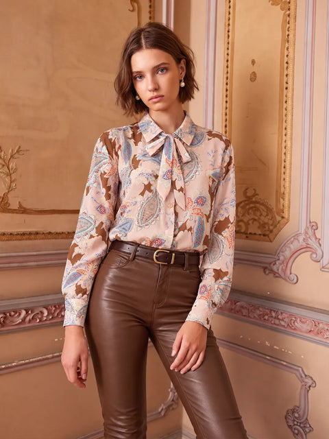 Madame Pink Paisley Print Shirt With Neck Tie