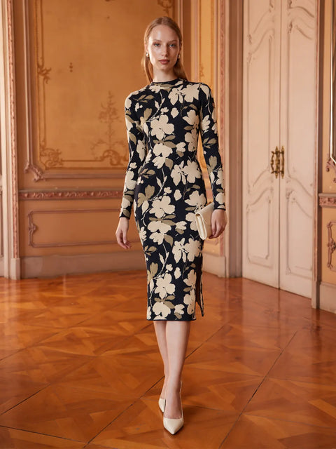 Madame Floral Print Black Knitted Midi Dress