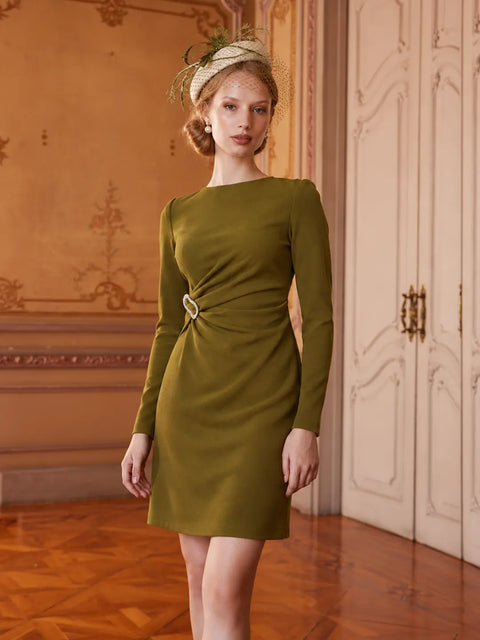 Madame Side Buckle Detail Olive Green Mini Dress