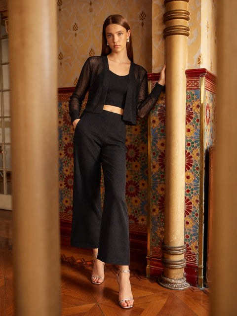 Madame Black Knit Top, Trousers & Shrug Set