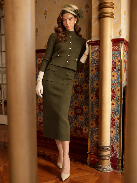Madame Embellished Olive Dress, Skirt & Shrug Set