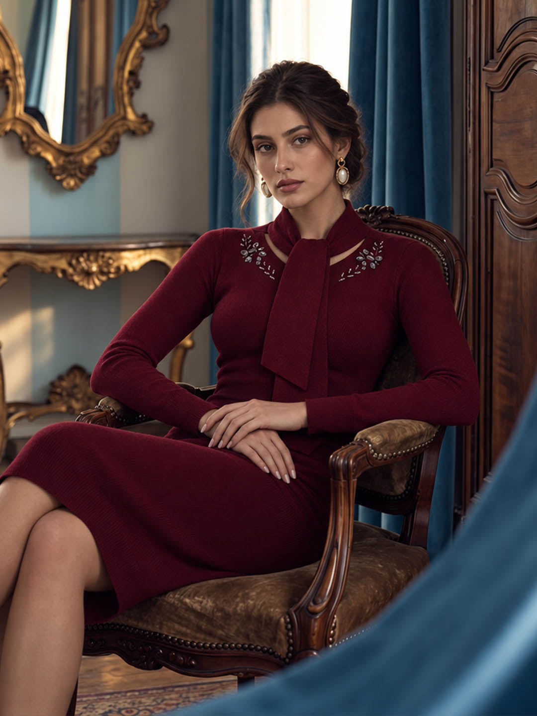 Madame Cinched Embellished Wine Knit Dress color swatch