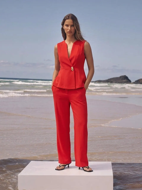 Madame Red Round-Neck Vestcoat Co-ord Set