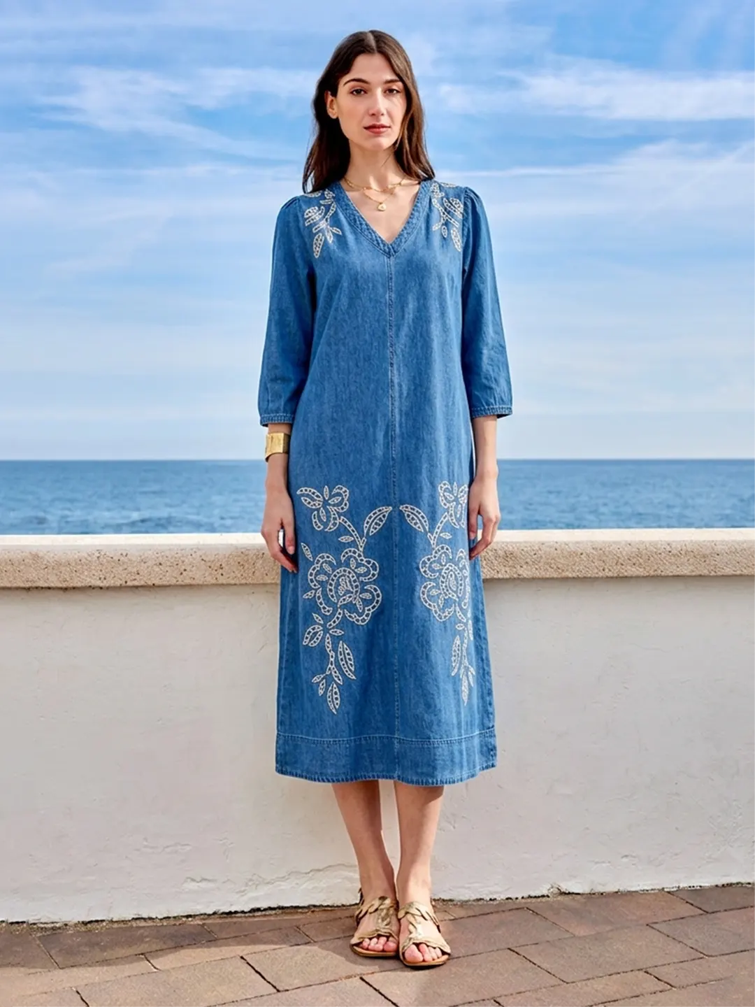 Madame Blue Embroidered Denim Dress