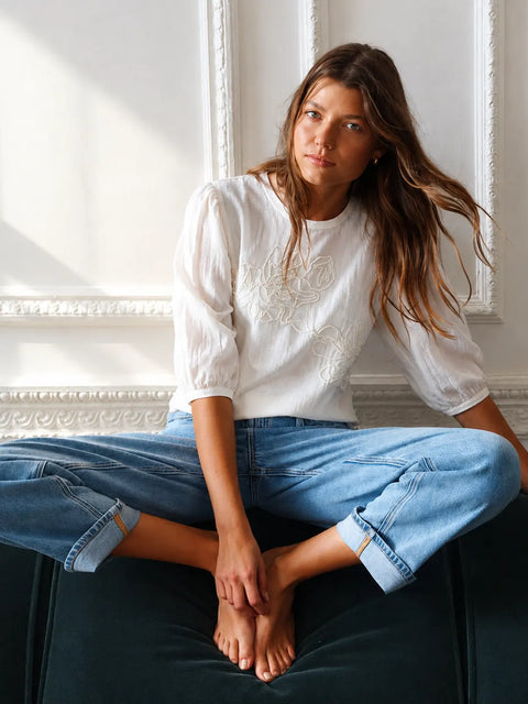Madame Embroidery Off White Rayon Blend Top