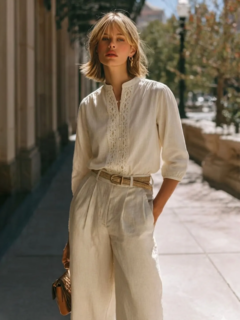 Madame Off-White Crochet-Lacework Cotton Mandarin-Collar Top