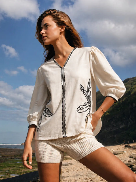 Madame Embroidery Beige Cotton Blend Top