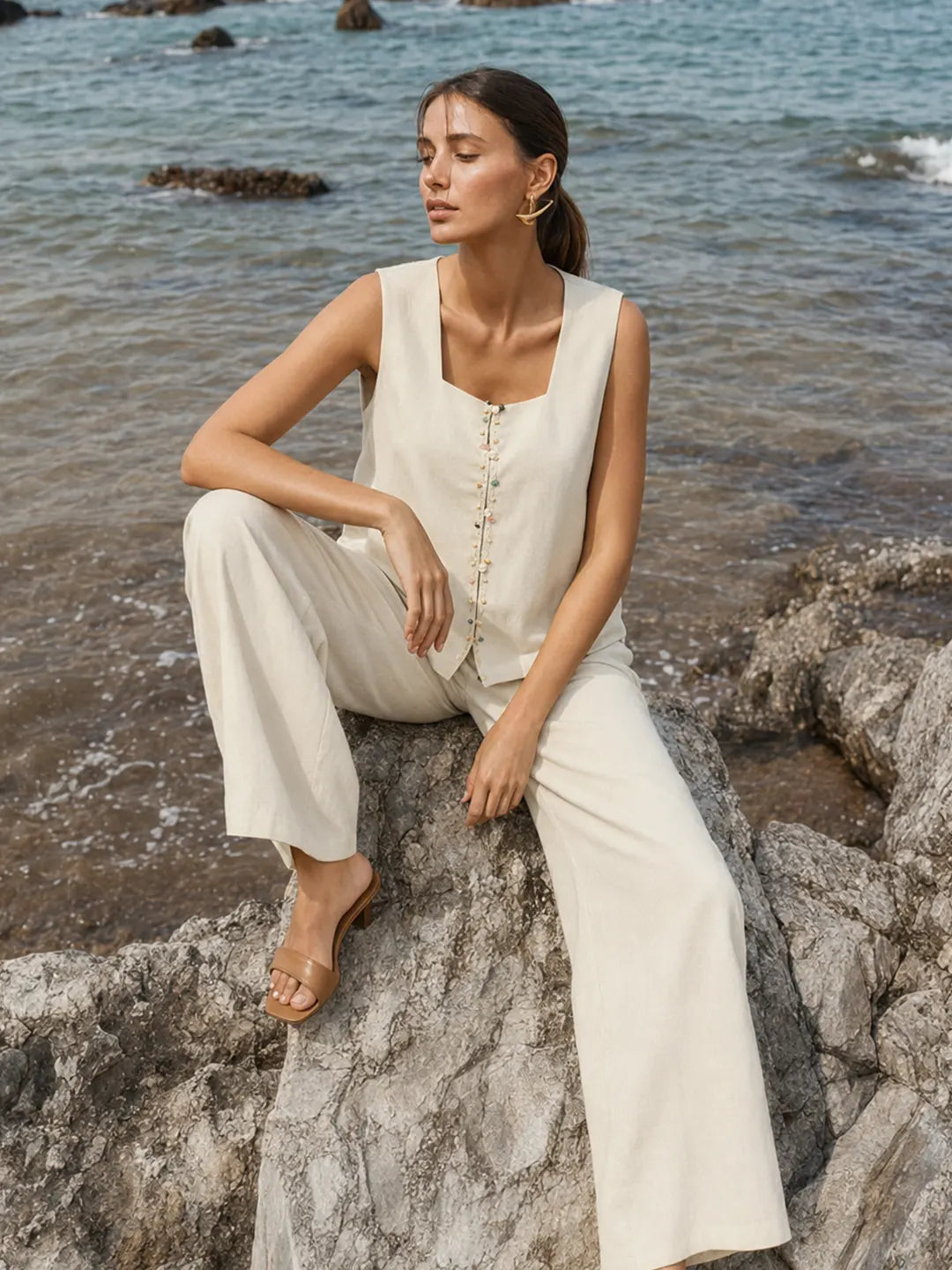 Madame Beige Rayon Linen Sleeveless Co-ord Set color swatch
