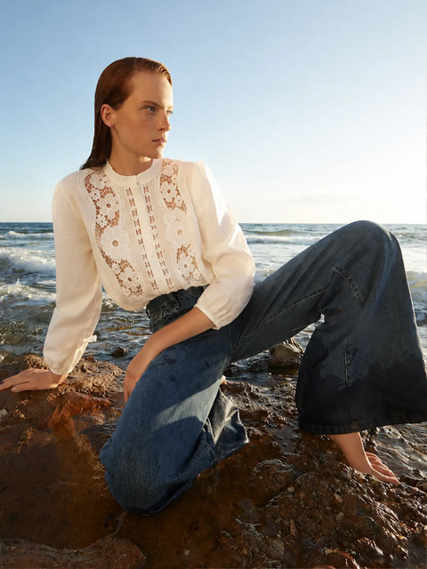 Madame Lace Detail Off White Cotton Top