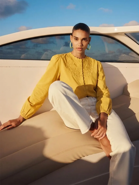 Madame Amber Haze Embroidered Puff-Sleeve Cotton Top