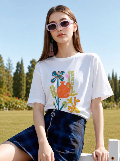 Madame Floral Print White Cotton T-Shirt