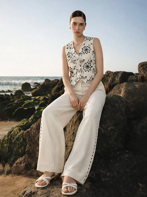 Madame Beige Embroidered Linen-Blend Vest Top