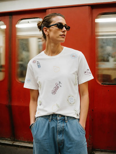 Madame White Printed Cotton Half-Sleeve T-Shirt