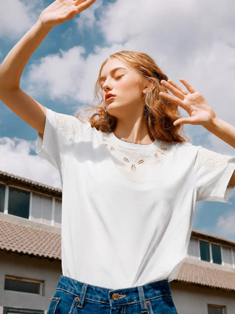Madame White Cotton Embroidered Half-Sleeve Top