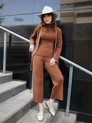 Madame Three Piece Solid Brown Knit Co-ord Set