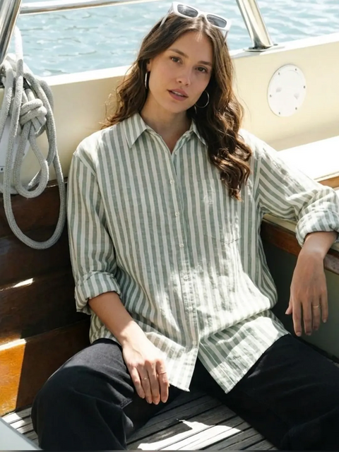 Madame Dusty Green And White Striped Regular Shirt
