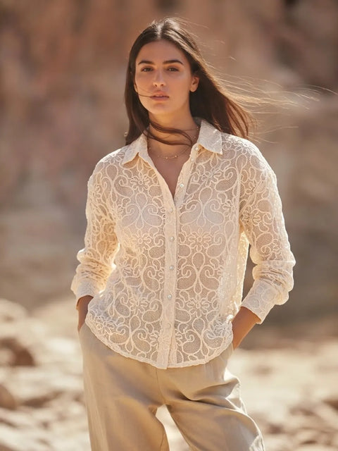 Madame Dori Embroidered Off White Cotton Shirt