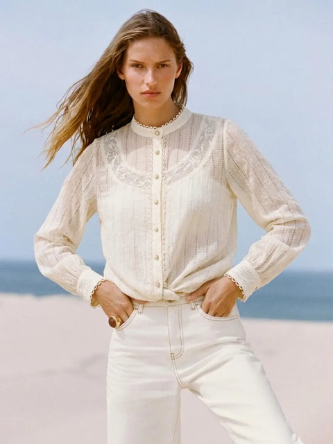 Madame Bridgerton Embroidered Lacework Beige Tencel Shirt