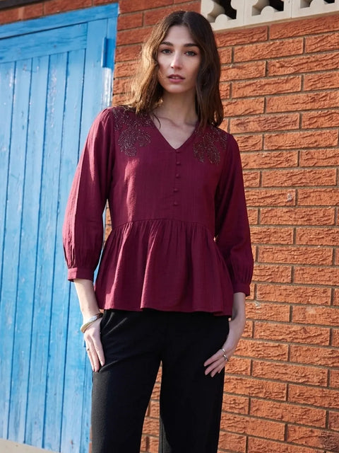 Madame Rayon Blend Wine Colour Peplum Top