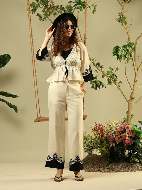 Madame Printed Viscose Blend Three Piece Off White Co-ord Set