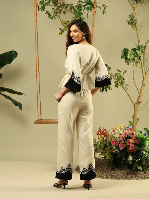 Madame Printed Viscose Blend Three Piece Off White Co-ord Set