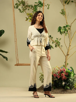 Madame Printed Viscose Blend Three Piece Off White Co-ord Set