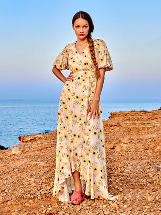 Madame Floral Print Wrap Detailed Yellow Maxi Dress