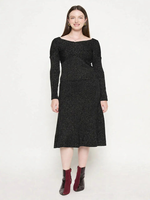 Madame Black Shimmer Detailed Off Shoulder Top and Skirt Ensemble