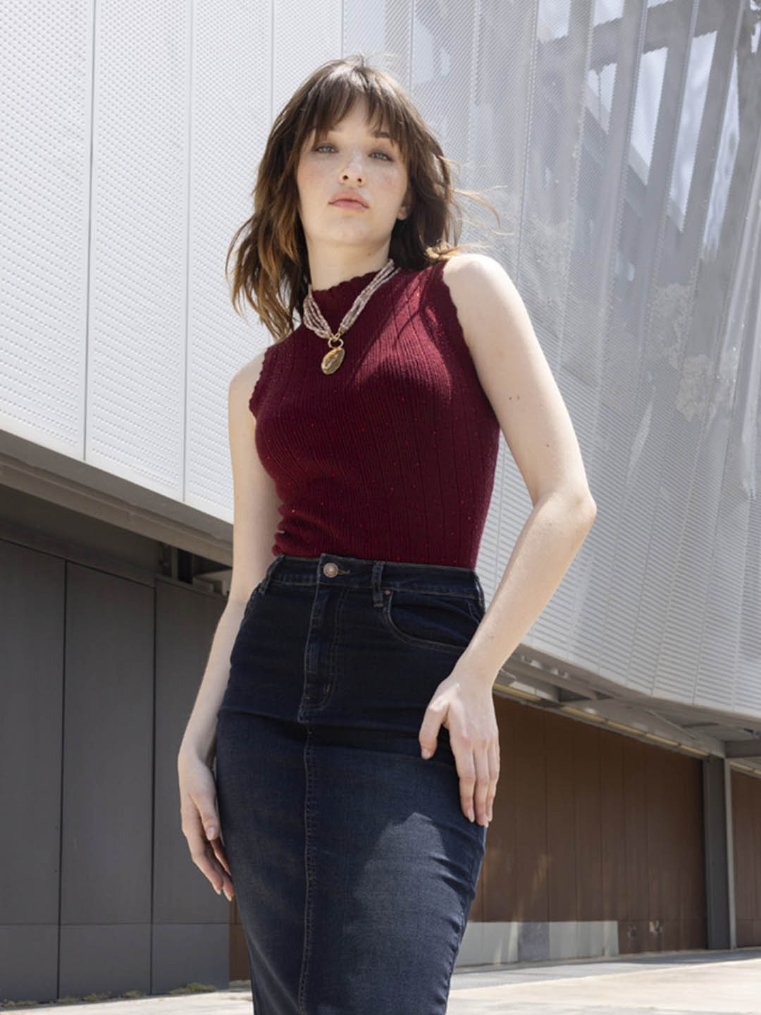 Madame Metallic Fabric Maroon Sleeveless Sweater color swatch